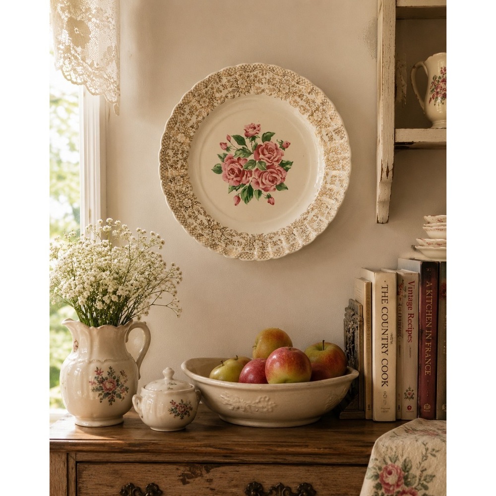 Vintage Sebring Pottery Co. China Plate 22k gold filigree border Rose Center